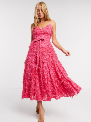 Forever U Midi Dress With Fringe 3d Fabrication In Hot Pink