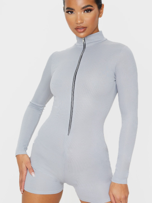 Grey Fine Rib Zip Detail Unitard