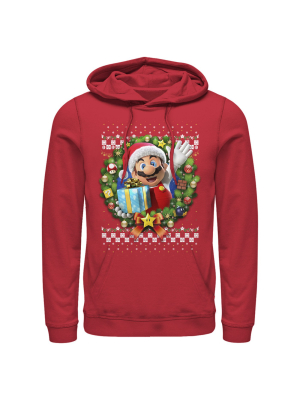 Men's Nintendo Ugly Christmas Mario Wreath Pull Over Hoodie