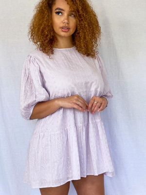 Plus Pink Puff Sleeve Broderie Smock Dress