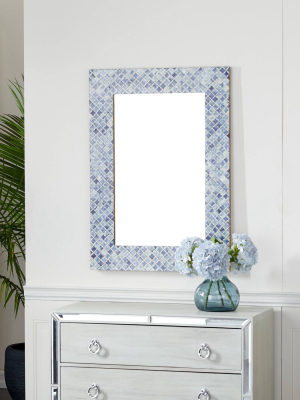 26" X 36" Rectangular Wood And Bone Wall Mirror With Shell Square Mosaic Patterned Frame Blue - Olivia & May