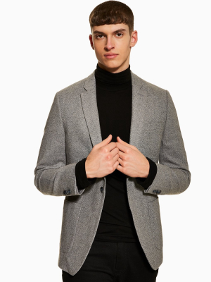 Grey Textured Suit Blazer With Wool And Notch Lapels