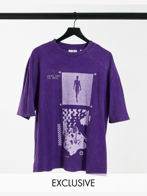 Collusion Unisex Oversized T-shirt With Print In Purple Acid Wash Pique Fabric