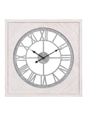 23" Square Whitewash Wood And Galvanized Metal Cut Out Roman Numerical Wall Clock - Patton Wall Decor