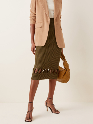 Cutout Ribbed-knit Wool-blend Midi Skirt