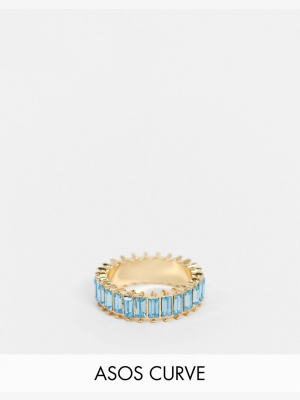 Asos Design Curve Ring With Blue Baguette Crystal Stones In Gold Tone