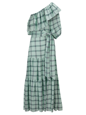 Arden Seafoam Windowpane Linen Dress