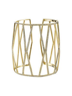 Extra Large Hexagon Diamond Open Cuff - Yellow Gold