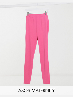 Asos Design Maternity Jersey Over Bump Slim Front Slit Suit Pants In Magenta