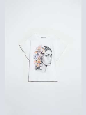 Ruffled Girl Print T-shirt