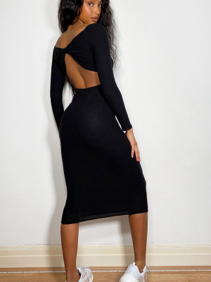 Black Brushed Rib Twist Back Bardot Midi Dress