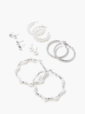 Twisted Faux Pearl Hoop & Stud Earring Set