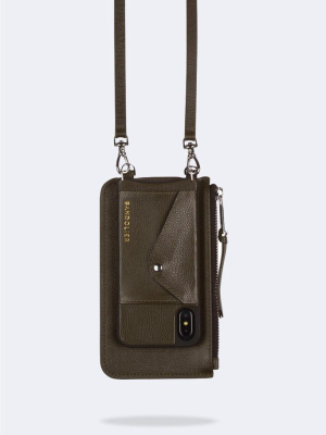 Classic Embossed Leather Zip Pouch - Dark Olive/silver