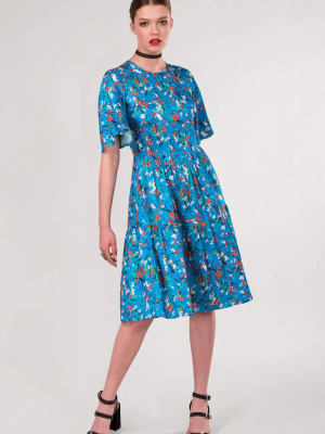 Blue Floral Tiered Flared Sleeve Dress