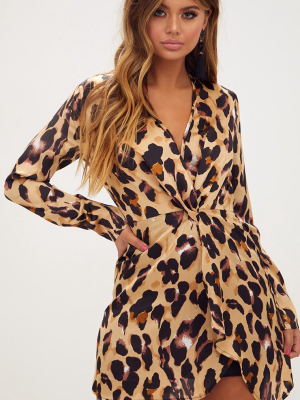 Leopard Print Satin Long Sleeve Wrap Dress