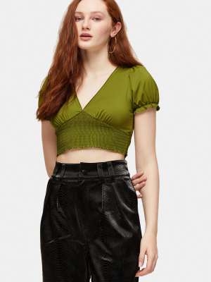 Green Satin Shirred Puff Top