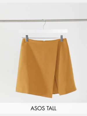 Asos Design Tall Wrap Front Skort In Dark Mustard