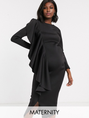 True Violet Maternity Midi Dress With Frill Detail In Black