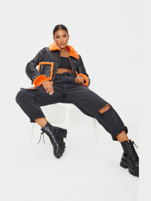 Orange Faux Fur Trim Cropped Pu Jacket