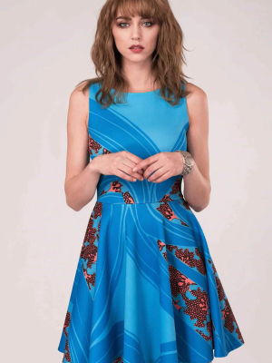 Blue Floral Sleeveless Skater Dress