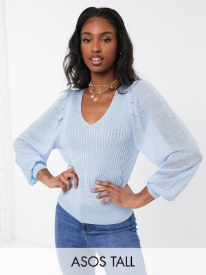 Asos Design Tall V Neck Sweater With Volume Sleeve