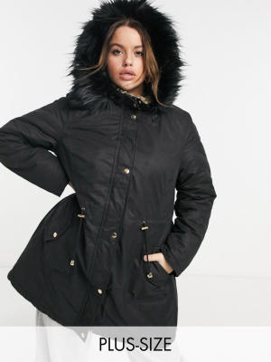 Yours Faux Fur Hooded Parka Coat In Black