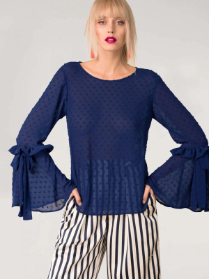 Dark Blue Frill Flounce Bow Sleeve Crew Top