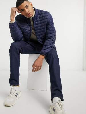 Asos Design Quilted Jacket With Stand Collar In Navy