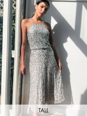 Maya Tall High Neck All Over Delicate Sequin Midi Pencil Dress In Silver