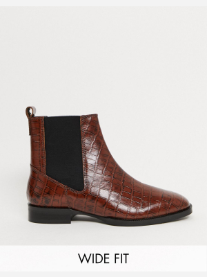 Asos Design Wide Fit Alyssa Leather Chelsea Boots In Brown Croc