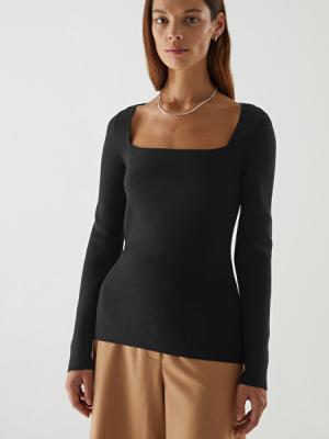 Organic Cotton-silk Mix Square Neck Long Sleeve Top