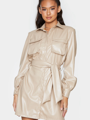 Stone Faux Leather Pocket Detail Shirt Dress