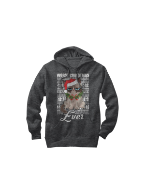 Men's Grumpy Cat Ugly Christmas Worst Ever Pull Over Hoodie