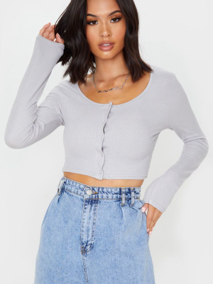 Grey Rib Popper Scoop Neck Crop Top