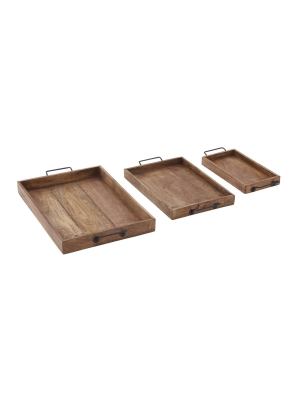 Set Of 3 Farmhouse Slat Style Mango Wood And Iron Trays Brown - Olivia & May