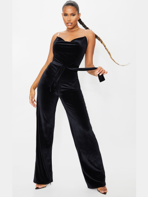 Black Velvet Clear Strap Cowl Neck Jumpsuit