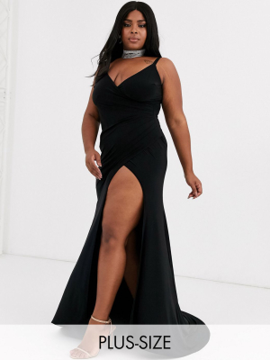 Club L London Plus Plunge Front Maxi Dress With High Thigh Split In Black