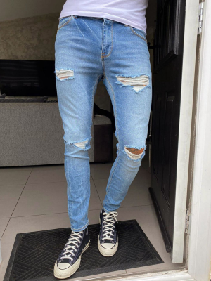 Asos Design Super Skinny Jeans In Mid Wash Blue With Mid Rips