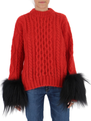 Prada Fur Trim Cable Knit Sweater