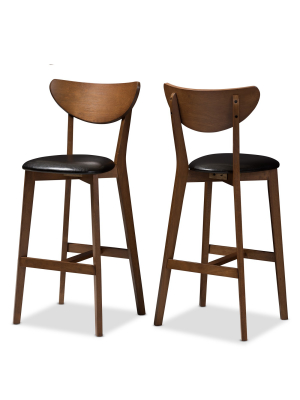 Set Of 2 Eline Mid-century Modern Walnut Finished Wood Faux Leather Upholstered Barstools Black - Baxton Studio