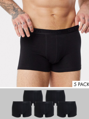 Asos Design 5 Pack Black Trunk In Black With Shiny Branded Waistband Save