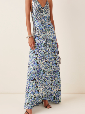 Floral-print Chainmail And Crepe Maxi Dress