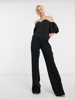 Yaura Corset Detail Balloon Sleeve Fitted Jumpsuit In Black