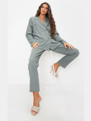 Teal Pinstripe Belted Straight Leg Trousers