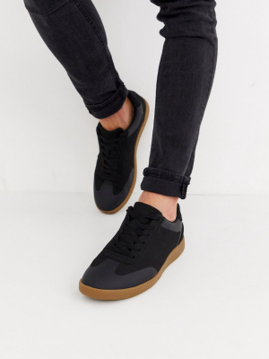 Asos Design Lace Up Sneakers In Black Faux Suede With Gum Sole