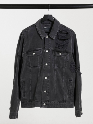 Asos Design Denim Jacket With Extreme Rips In Washed Black