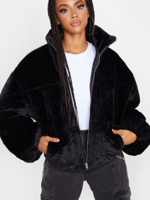 Black Faux Fur Zip Through Bomber