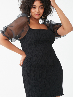 Plus Size Organza-sleeve Smocked Dress