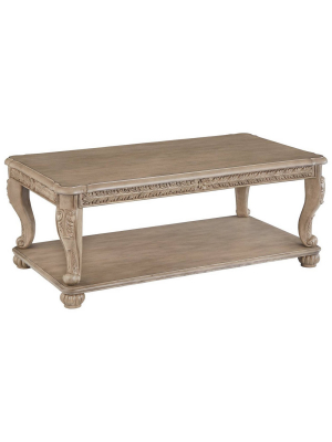 Wooden Rectangular Coffee Table With Engravings And Bottom Shelf Brown - Benzara