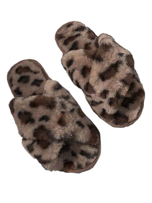 'jennifer' Leopard Print Criss Cross Faux Fur Slippers (4 Colors)
